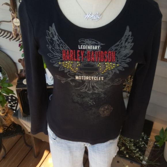 HARLEY-DAVIDSON ♡ Black Long Sleeve Red 'n Gold Embellished Legendary H-D Top S - Picture 4 of 17